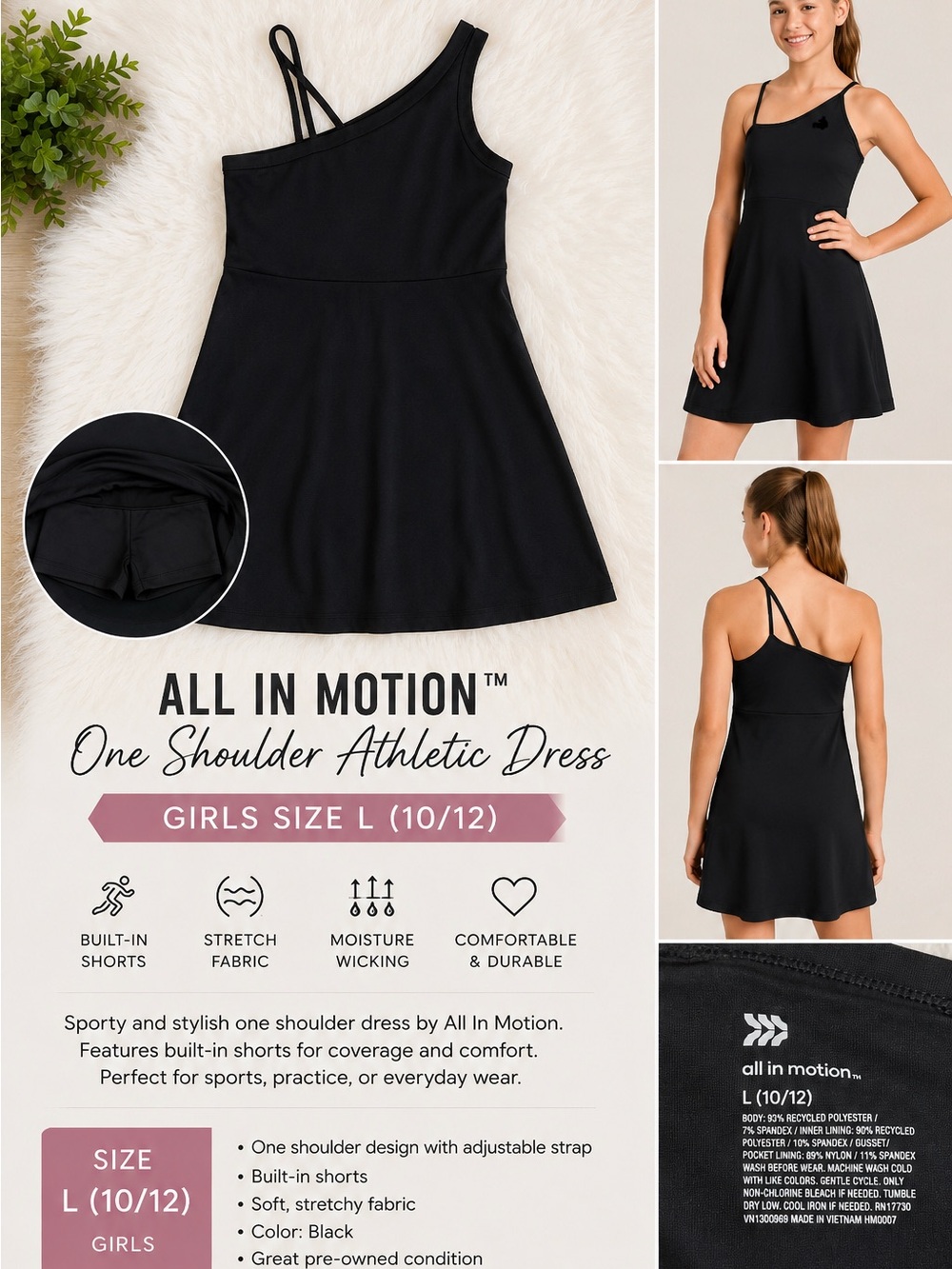 All In Motion Girls Asymmetrical Active Dress Black L 10-12 🖤
